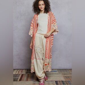 Pol Crochet Kimono Cardigan with Floral/Heart Accents